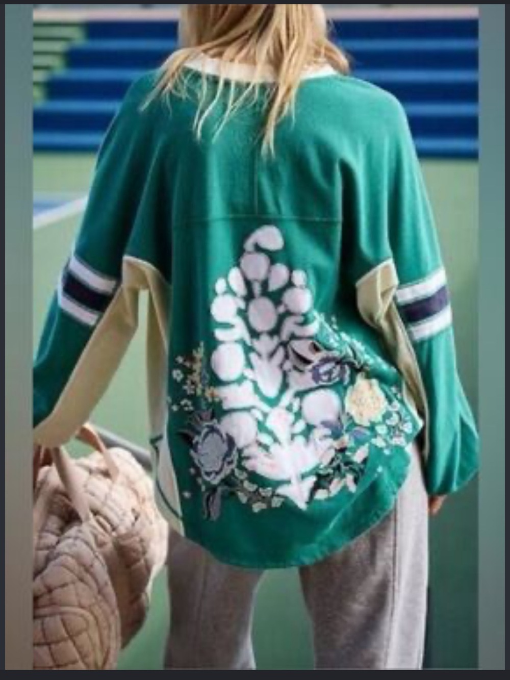 Free People Movement Green Floral Back-Embroidered Rugby Top